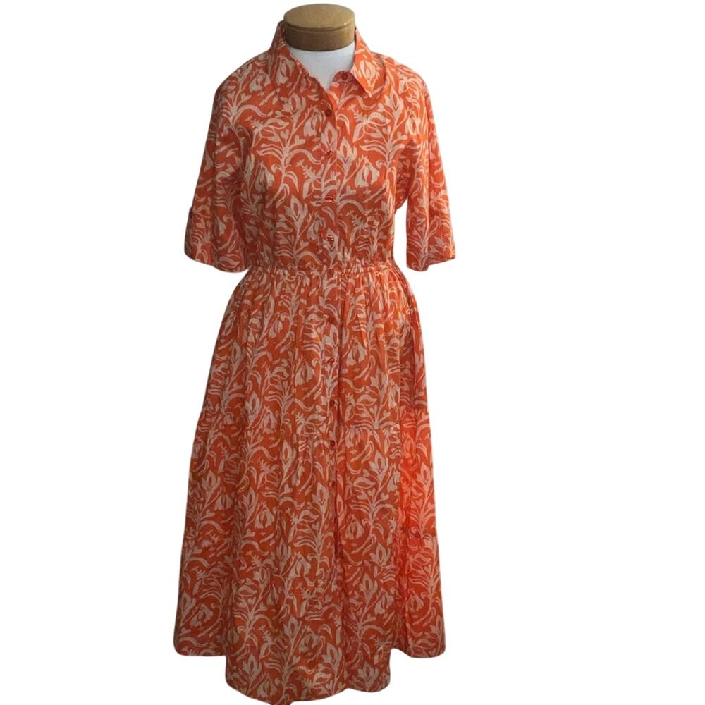 Cotton Botanical Shirtdress Coral Coastal Grandma Midi Cottagecore Resort M NWT